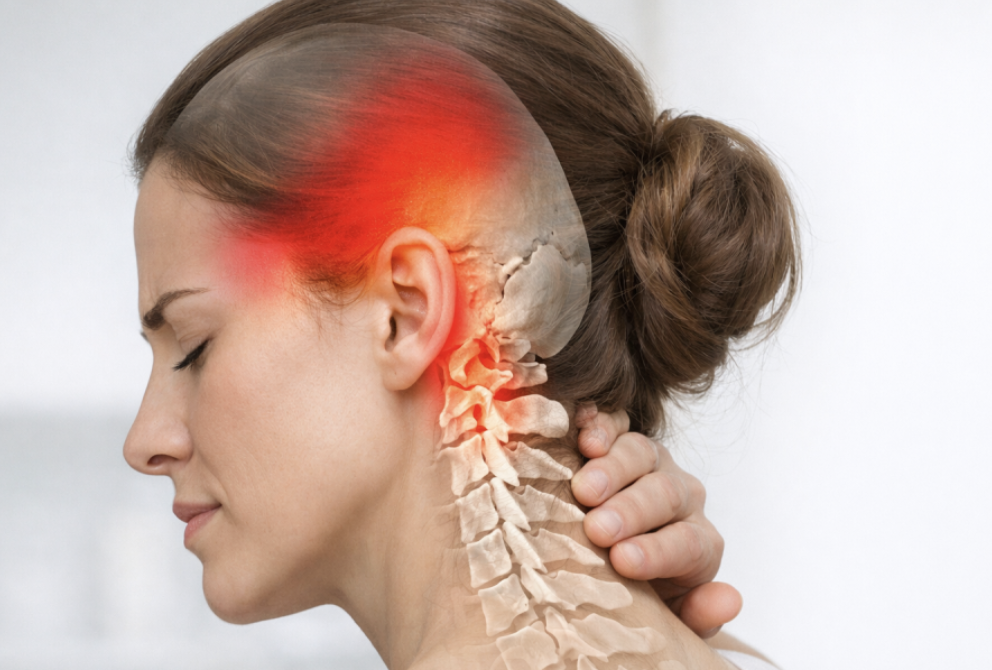 A woman holding her neck with her hand, with an illustration of her skull and neck bones overlaid. The area around her temple and neck is highlighted in red, indicating pain or inflammation.