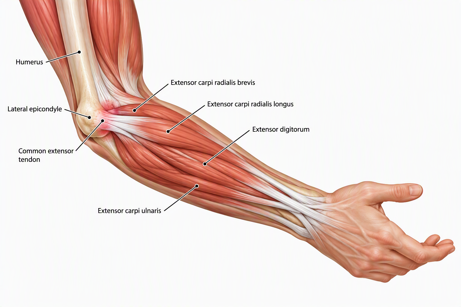 Muscular anatomy of a human arm showing bones, tendons, and muscles labeled as humerus, lateral epicondyle, common extensor tendon, extensor carpi radialis brevis, extensor carpi radialis longus, extensor digitorum, and extensor carpi ulnaris.