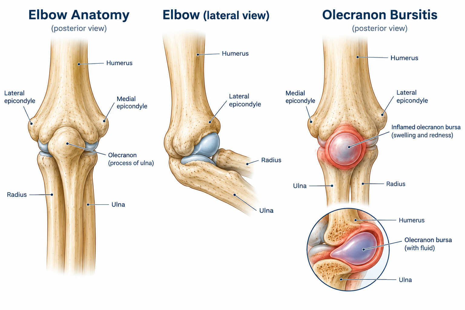 Diagram of elbow anatomy showing posterior view, lateral view, and olecranon bursitis. Labels include humerus, medial and lateral epicondyle, olecranon process, radius, ulna, and inflamed olecranon bursa with swelling and redness.