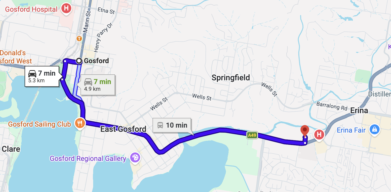 Map showing driving routes between Gosford to Thrive Physio, in Australia, with travel times of about 7 to 10 minutes, highlighting locations like Gosford Hospital, Gosford Sailing Club, and Gosford Regional Gallery.