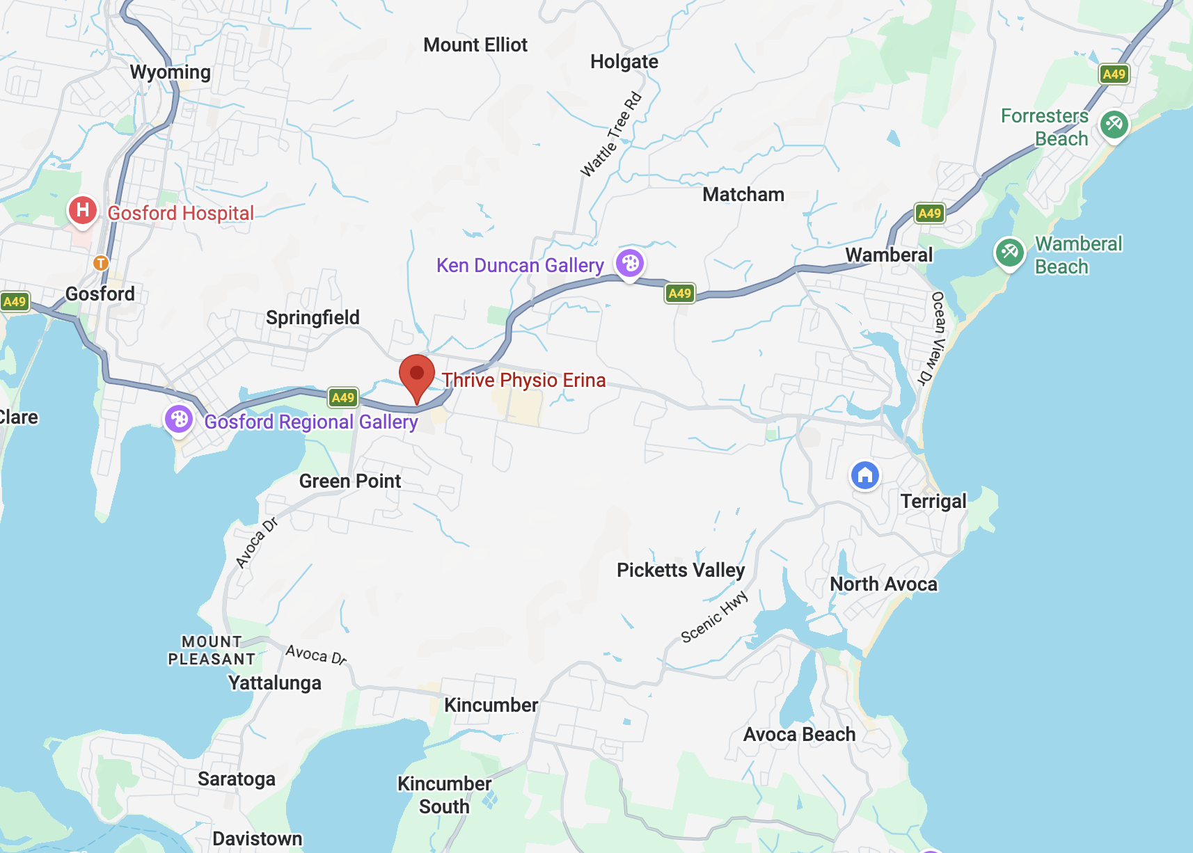 A map of the Gosford area in Australia showing locations such as Gosford Hospital, Ken Duncan Gallery, Thrive Physio Erina, and nearby beaches like Wamberal Beach and Forrester's Beach.
