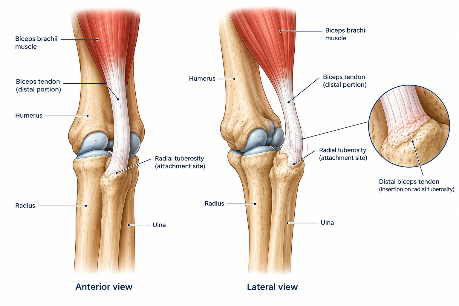 Diagram of human knee showing anterior and lateral views, including biceps brachii muscle, biceps tendon, humerus, radial tuberosity, radius, ulna, and detailed inset of distal biceps tendon attachment.