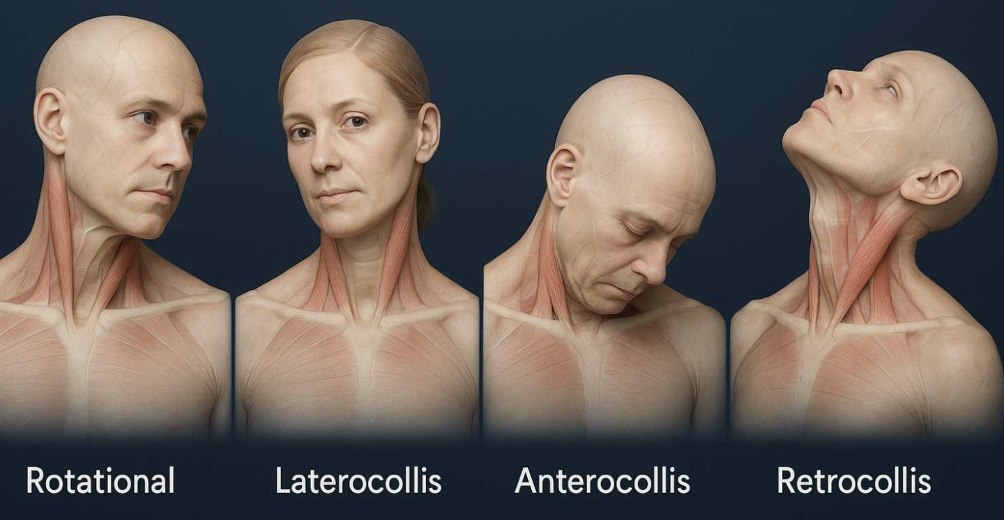 Illustration showing four different head and neck postures labeled Rotational, Laterocollis, Anterocollis, and Retrocollis, with some musculature visible.