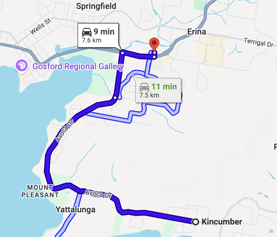 Map of Kincumber, Australia, showing routes to Thrive Physio, with driving times of 9 and 11 minutes.