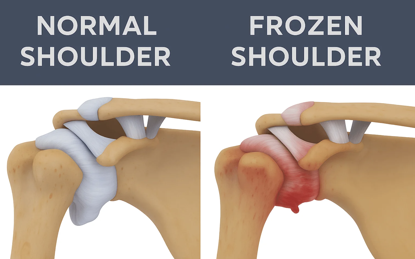 Comparison of normal and frozen shoulder shoulder joints with illustrations.
