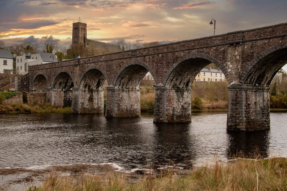 MMD_9806 · Newport viaduct and church tower at sunset, Co. Mayo