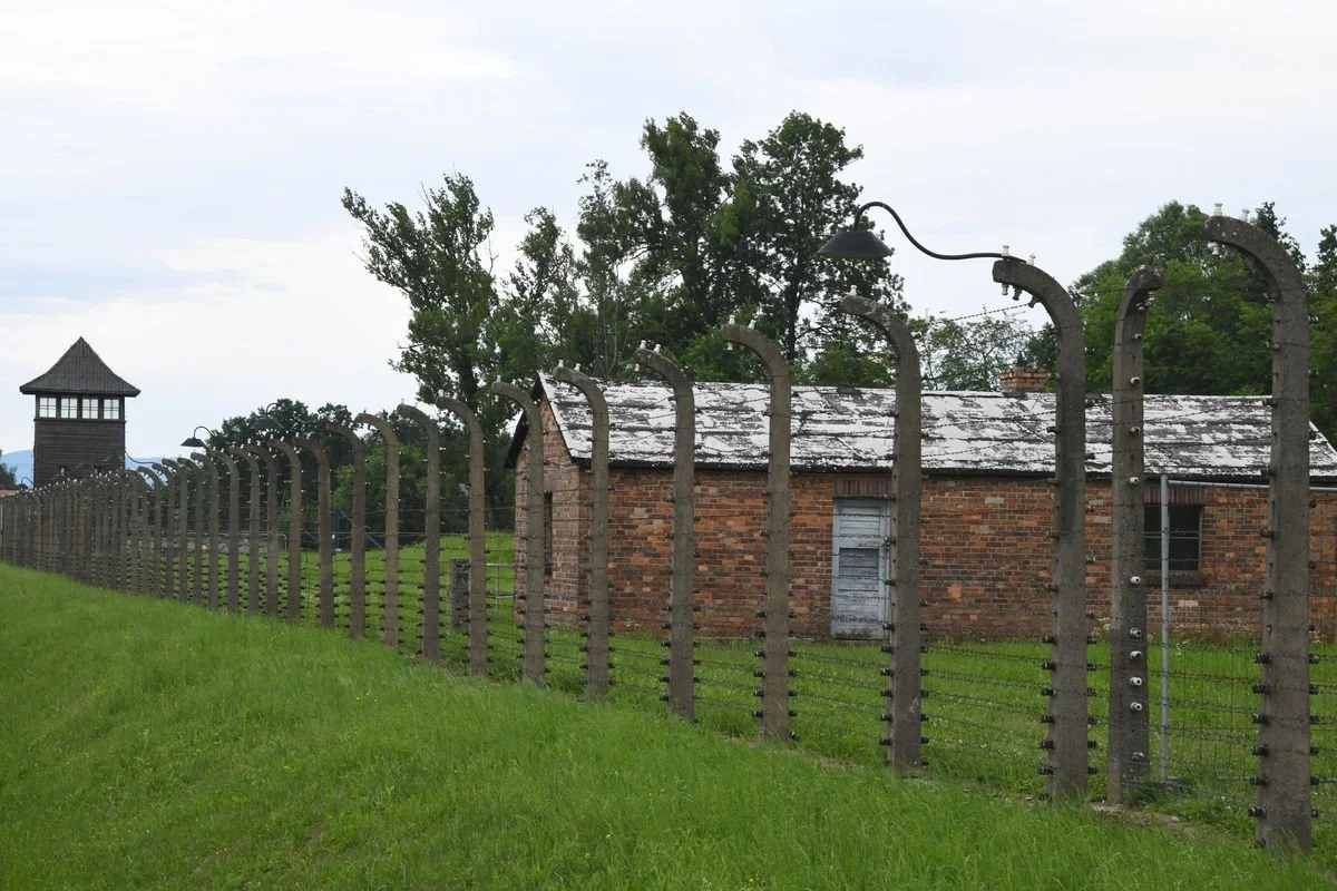 MAC_5580 · Fence, watchtower and barrack, Auschwitz-Birkenau, Poland