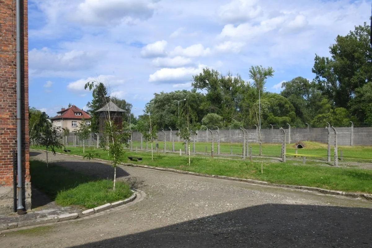 MAC_5485 · Fence and camp road seen from a block window, Auschwitz I, Poland