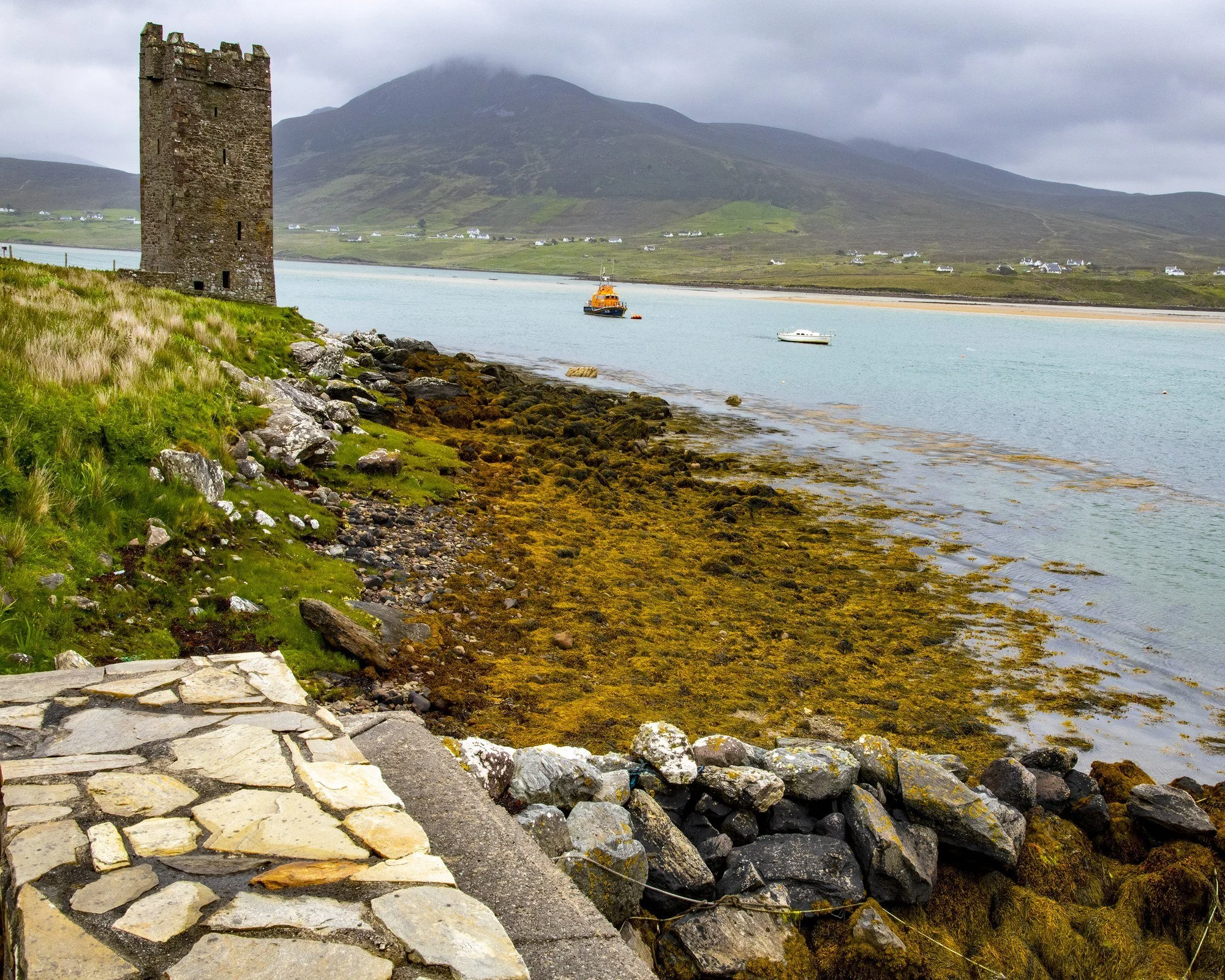 MMD_7022 · Tower house at low tide, Achill Island, Co. Mayo