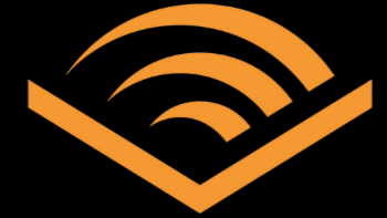 Audible logo with an orange Wi-Fi symbol inside a black shield outline.