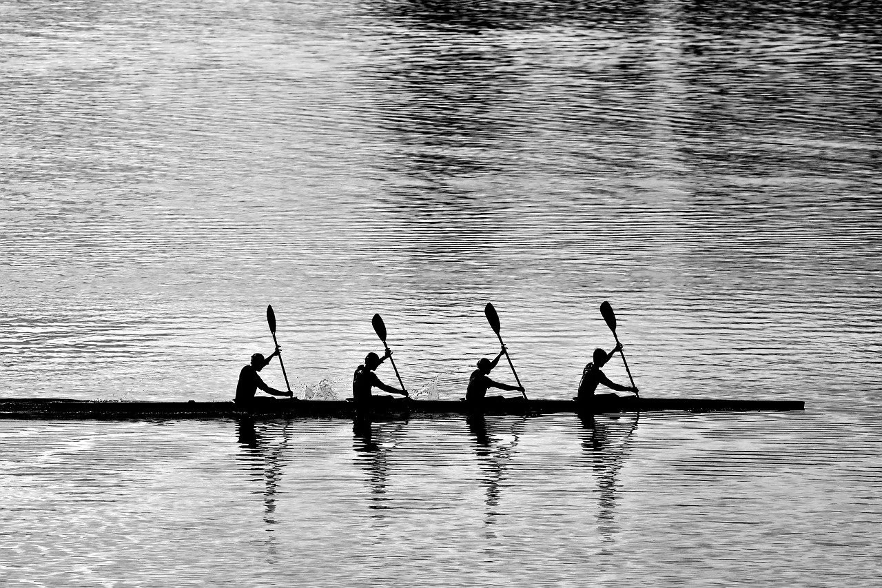 Silhouettes of four people kayaking on a calm body of water, with their reflections visible on the water's surface.
