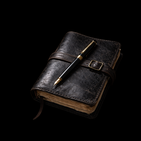 A notebook with a pen placed on it, and a cup of coffee on a dark wooden table.