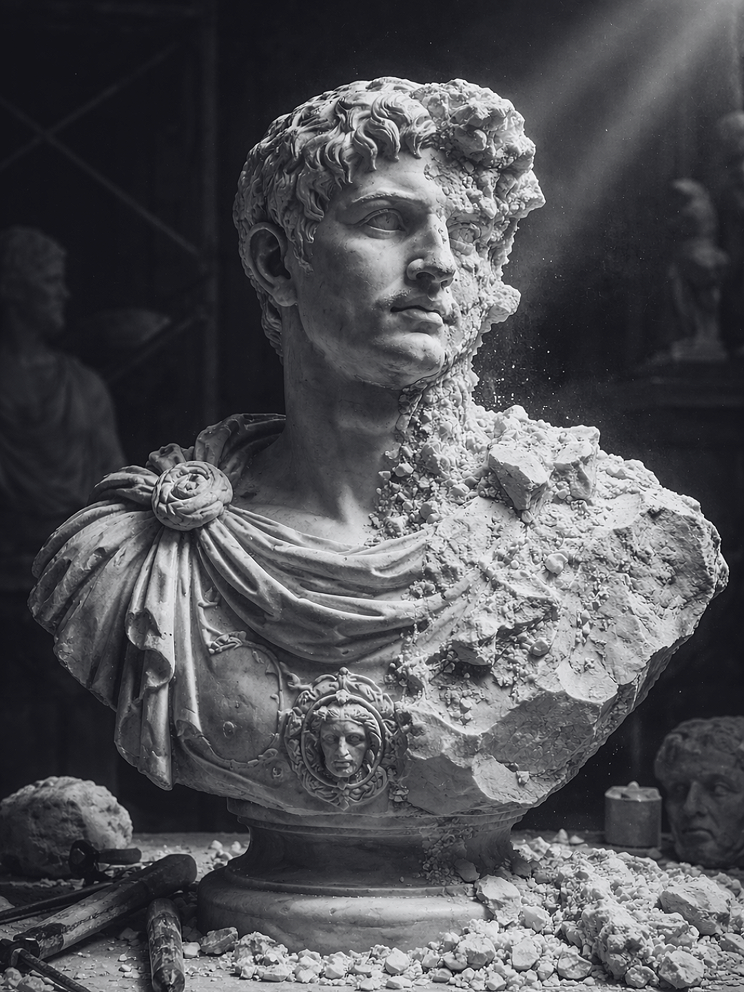 A damaged marble bust of a Roman man, partially crumbled, with classical drapery and a Medusa medallion. Dust and debris around it, with other sculptures visible in the background.
