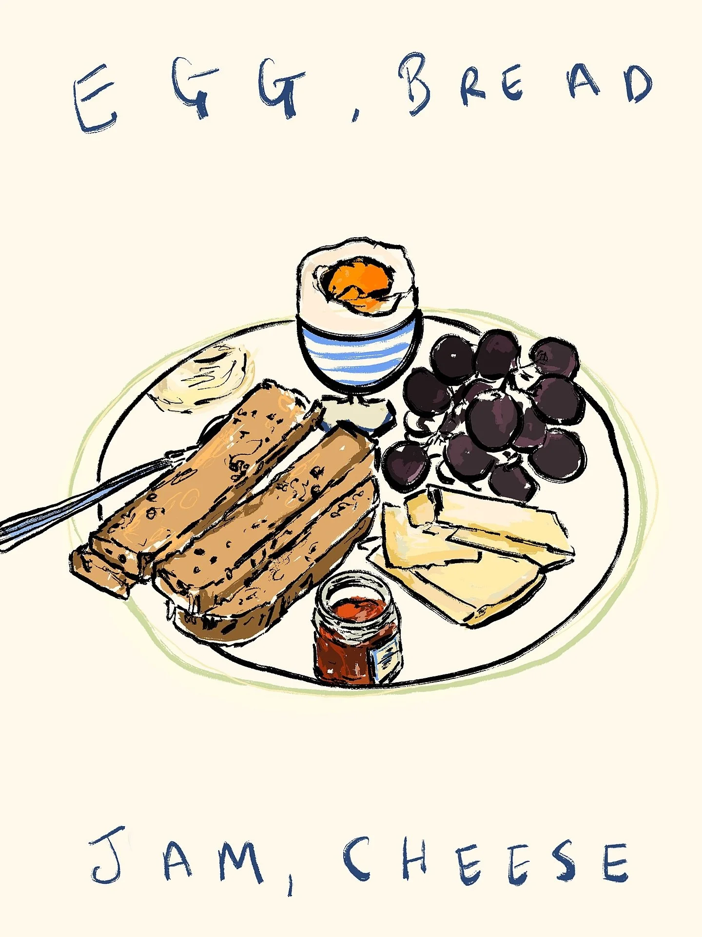 Something new!!! 🍳🍇🧈 

A moment for some breakfast prints&hellip;Reworked this design to create this Danish inspired breakfast print! Let me know which one you would go for? Egg, bread Jam &amp; Cheese or Egg and Soldiers 🫶🧈

Will be available i