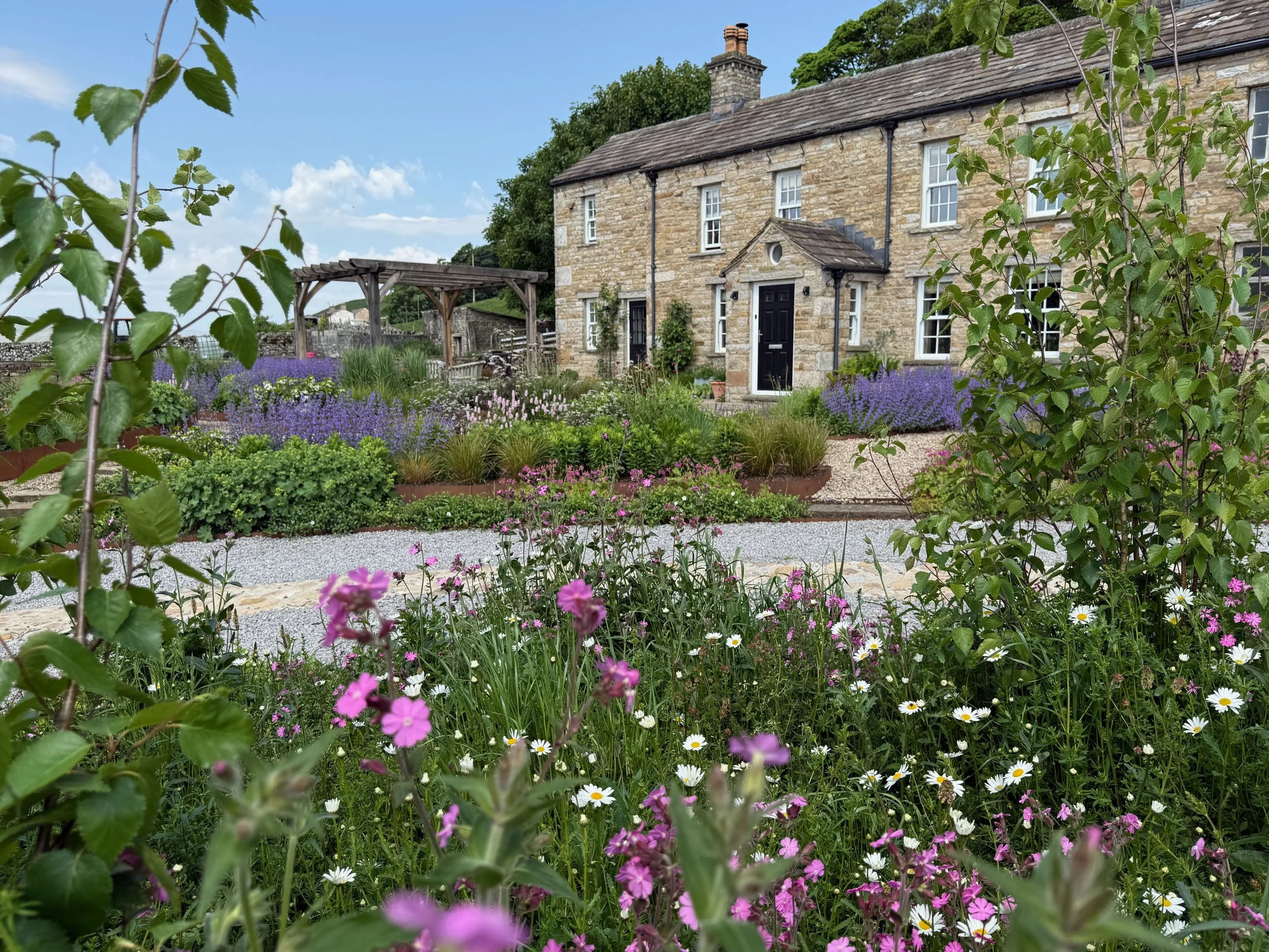 A farmhouse garden with blocks of perennials, evergreens, and ornamental grasses