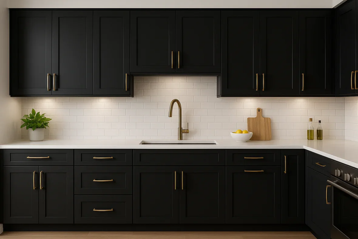 Modern kitchen with black cabinets, white subway tile backsplash, white countertop, brass handles, and a gold faucet. Decor includes a potted plant, a bowl of lemons, a wooden cutting board, and two bottles of olive oil or vinegar.