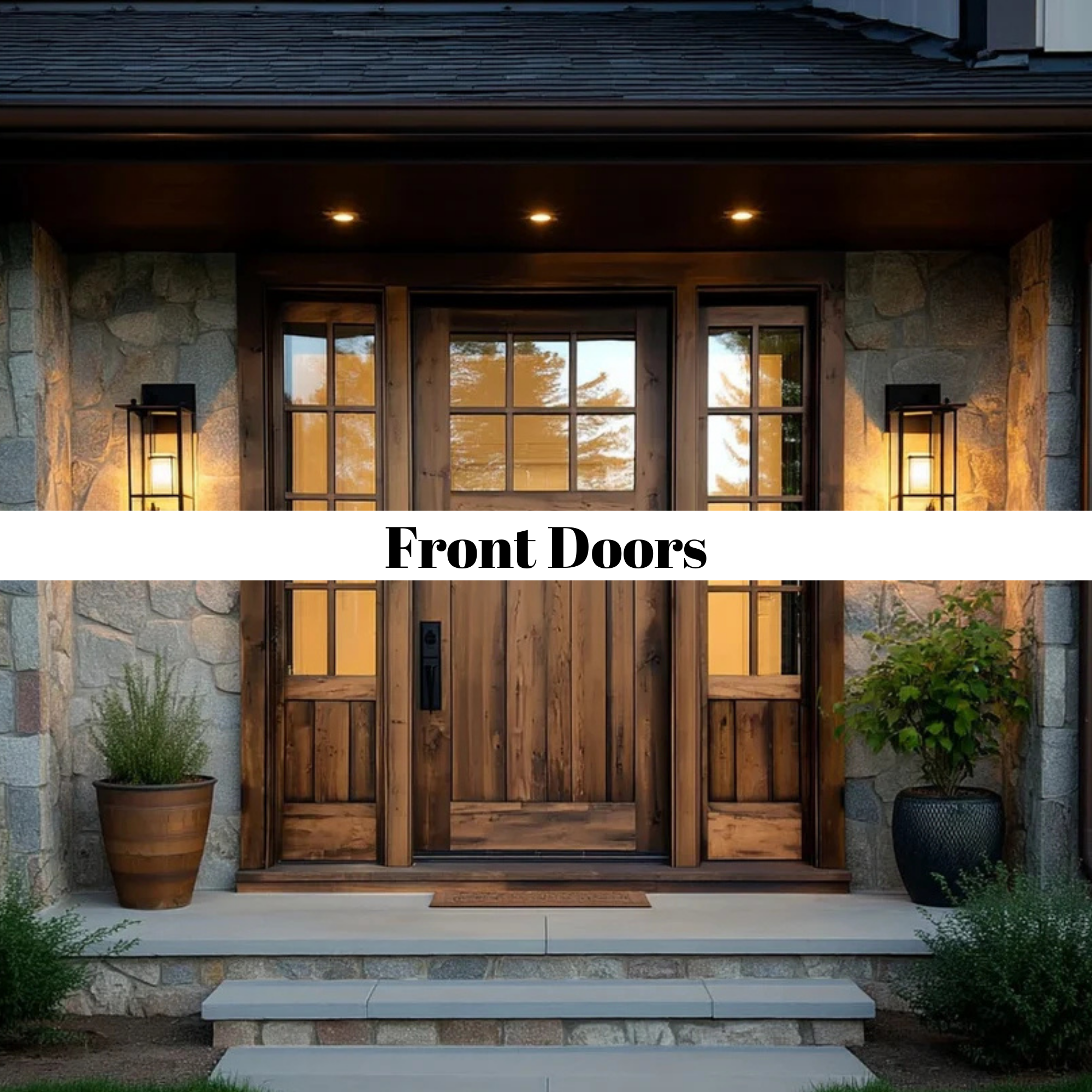 Image of a wooden front door with side windows, situated in a stone house with exterior lighting, potted plants on either side, and steps leading up to the entrance.