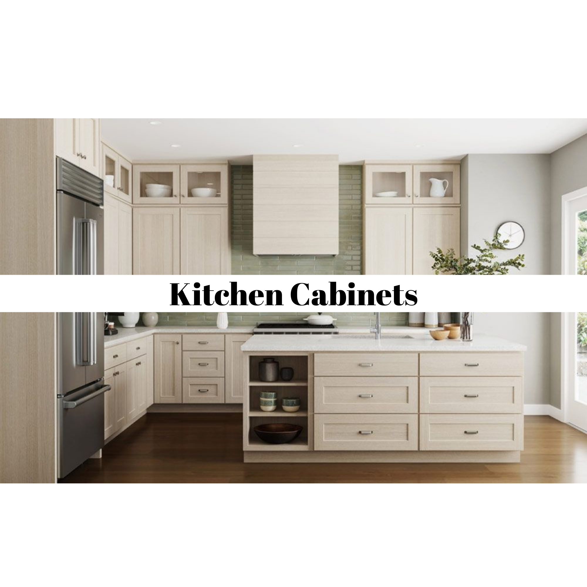 Modern kitchen with beige cabinets, green tile backsplash, and stainless steel refrigerator, labeled 'Kitchen Cabinets'.