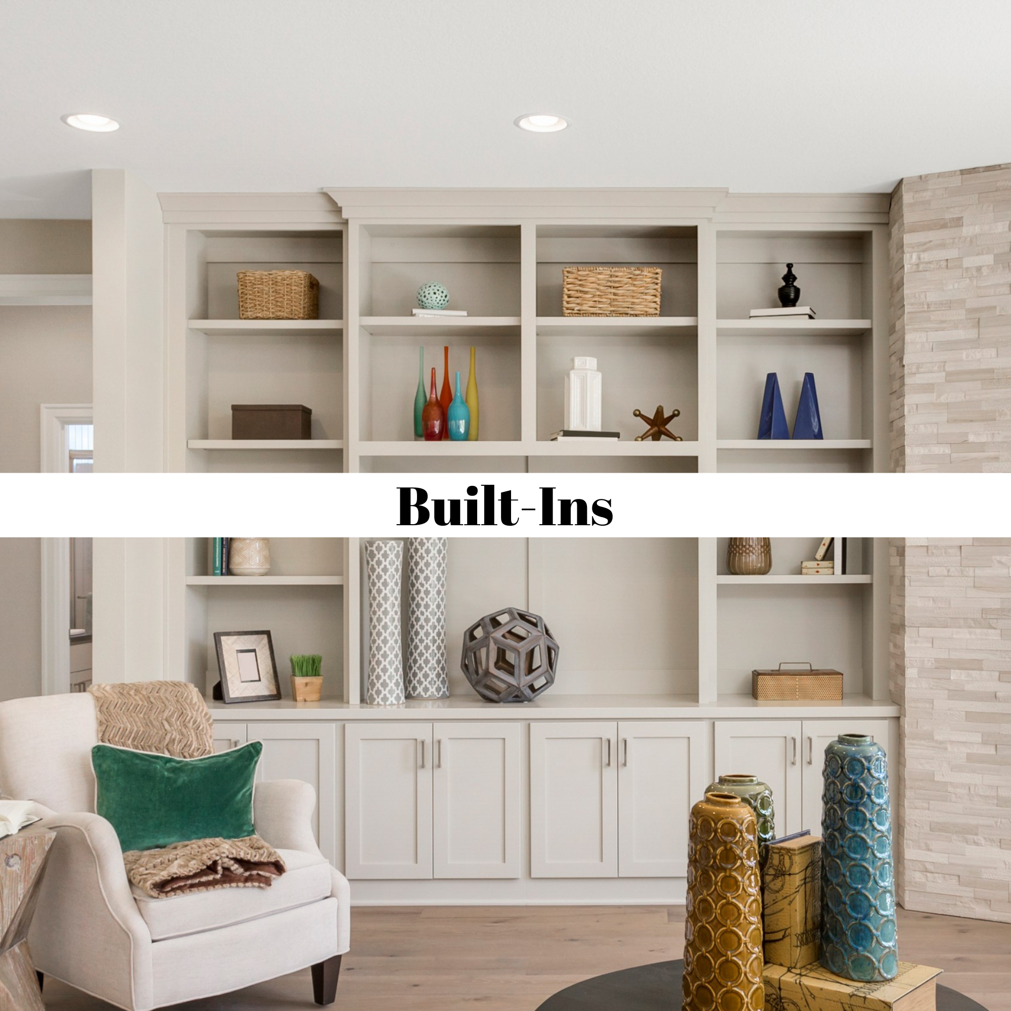 Built-in white shelving unit with decorative items and closed cabinet doors in a living room.