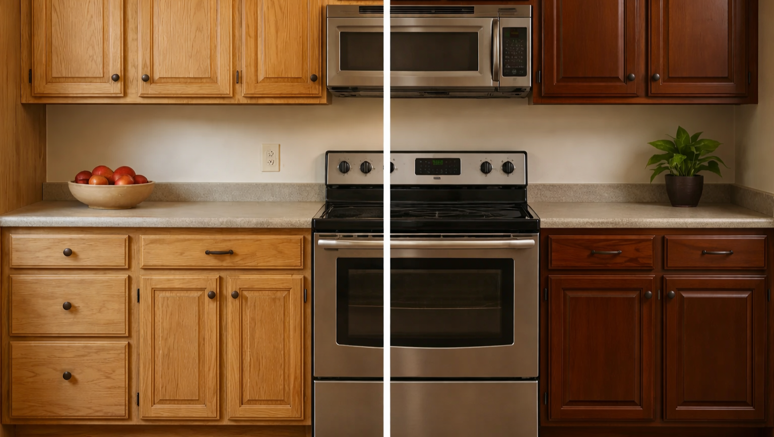 Split image of a kitchen with light wooden cabinets on the left and dark wooden cabinets on the right. In the center, stainless steel oven and microwave. On the left counter, a white bowl with red apples. On the right counter, a potted green plant.
