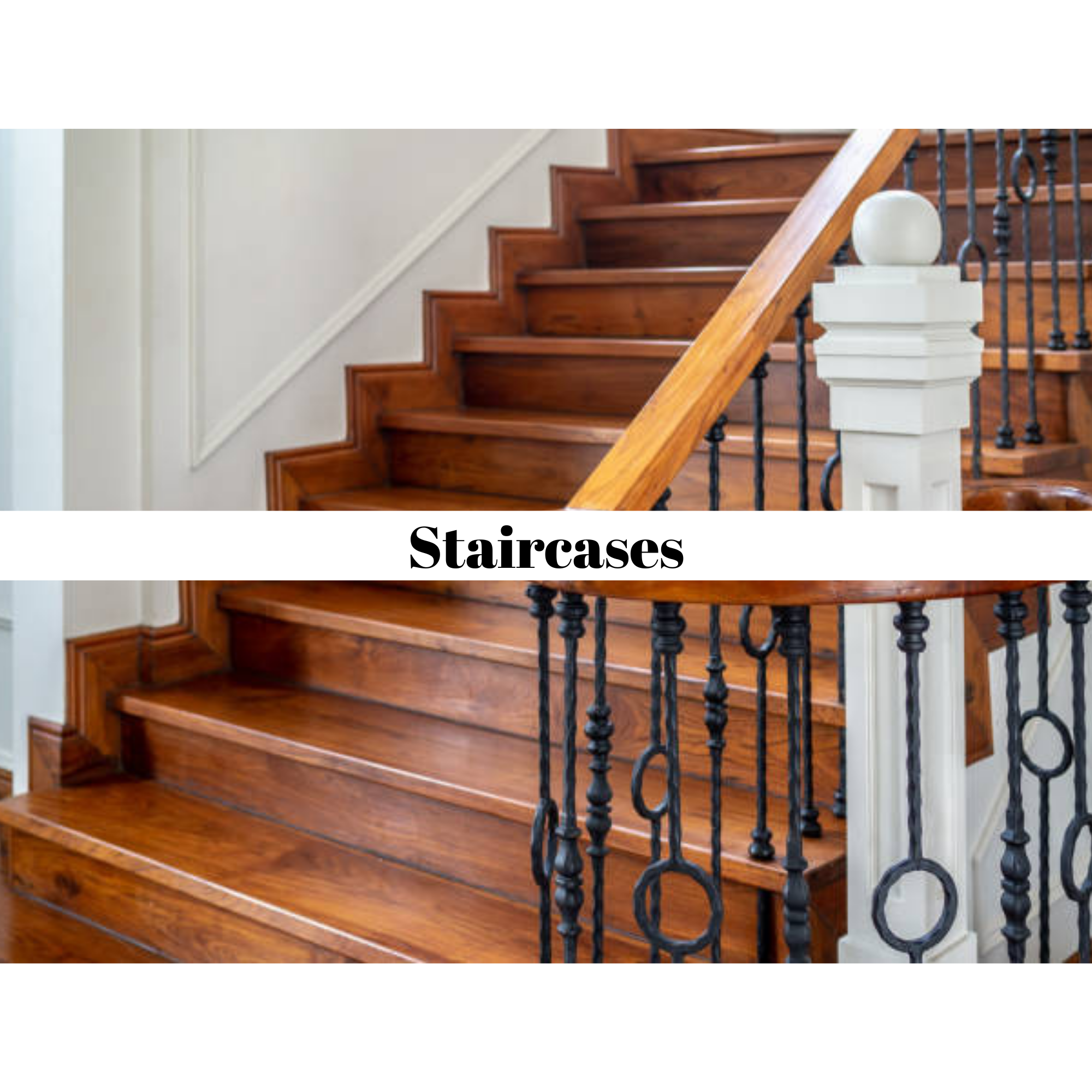 Close-up image of wooden staircases with black metal railings and white newel post.
