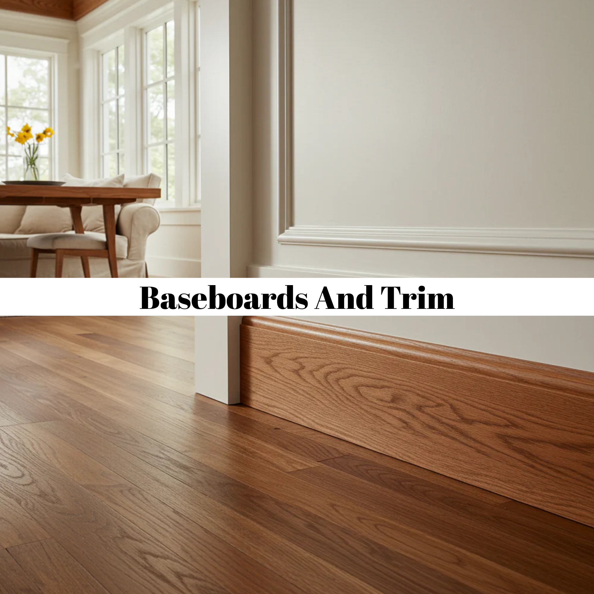 Interior of a room with baseboards and trim, including hardwood flooring, a white painted wall, and a partial view of a dining area with a table, a chair, and a vase of yellow flowers.