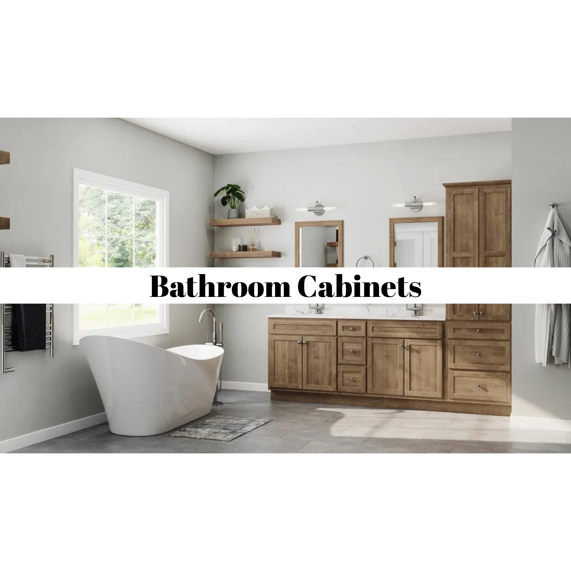 Image of a modern bathroom featuring wooden cabinets, a freestanding bathtub, and a large window with natural light.