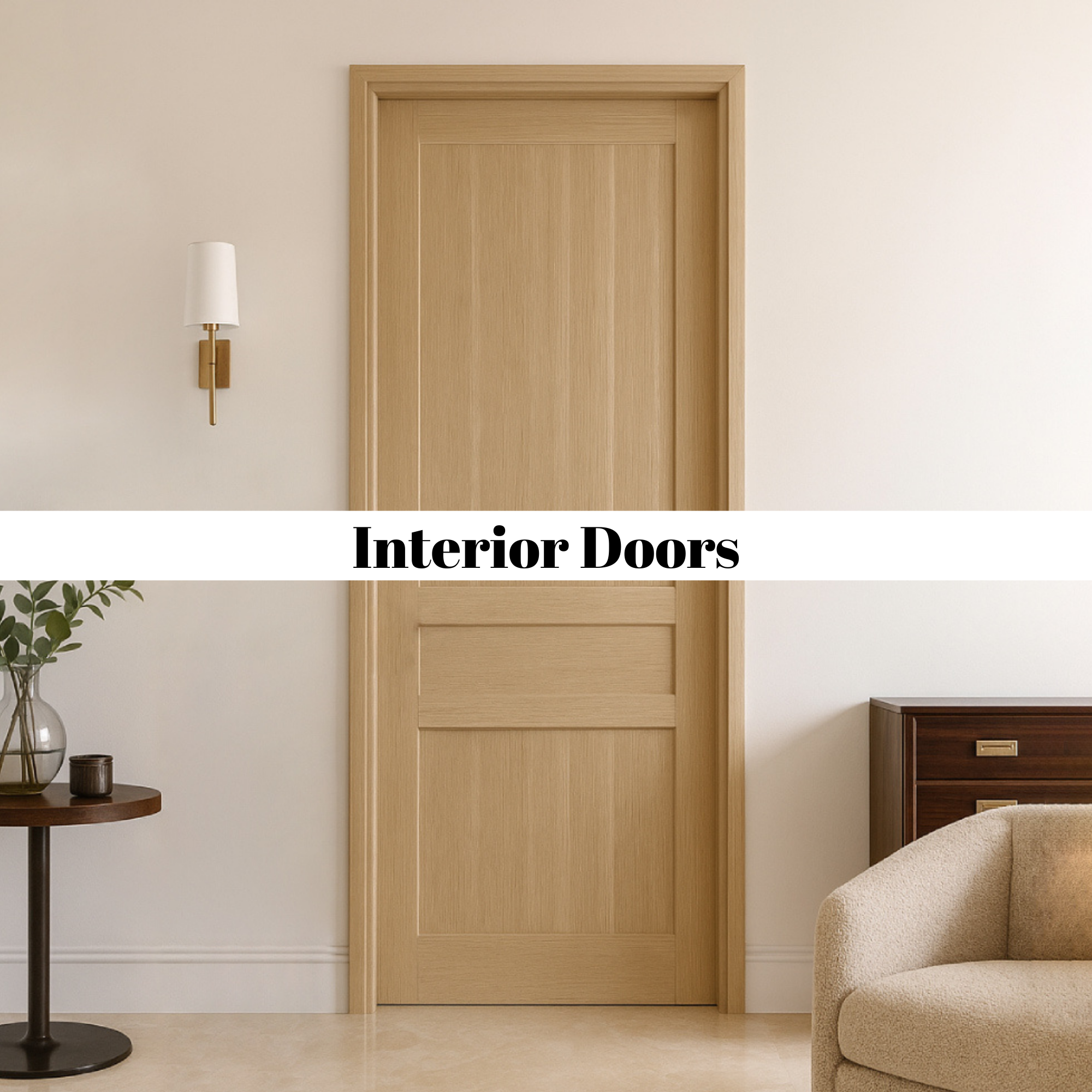 Interior image featuring a wooden interior door, a sconce wall light, a side table with a plant and a candle, part of a sofa, and a chest of drawers, with the label "Interior Doors".