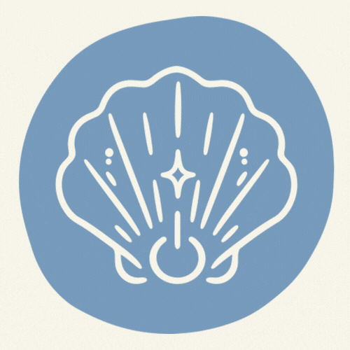 A stylized icon of a seashell with a star in the center and radiating lines, on a blue circular background.