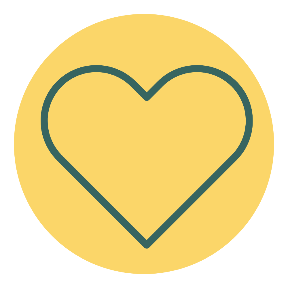 Yellow circular background with a simple teal heart outline in the center.