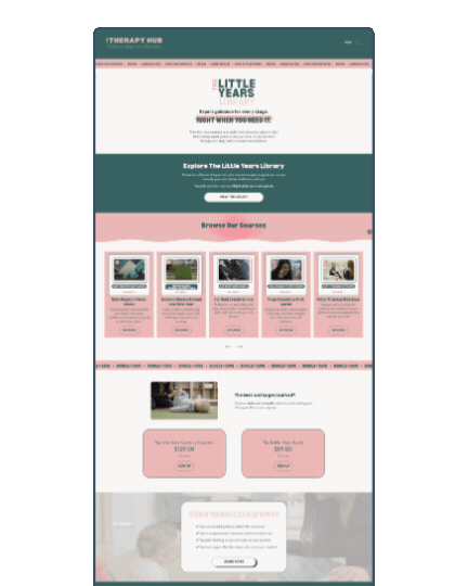 Screenshot of a website homepage for 'The Little Years' library with courses, resources, and a featured section.