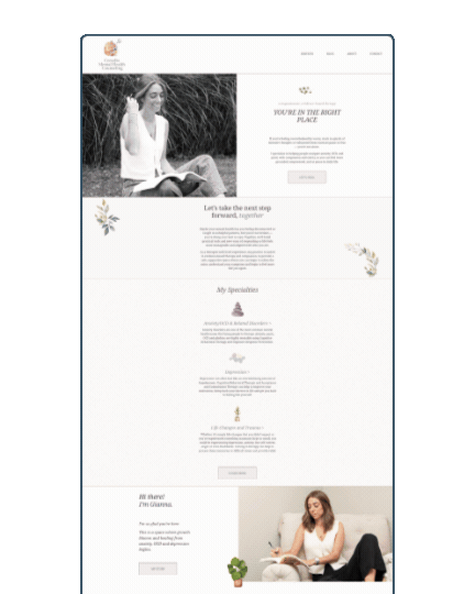 A professional website homepage for a wellness or coaching service, featuring a black-and-white photo of a woman meditating outdoors at the top, and a color photo of a woman sitting on a sofa at the bottom.