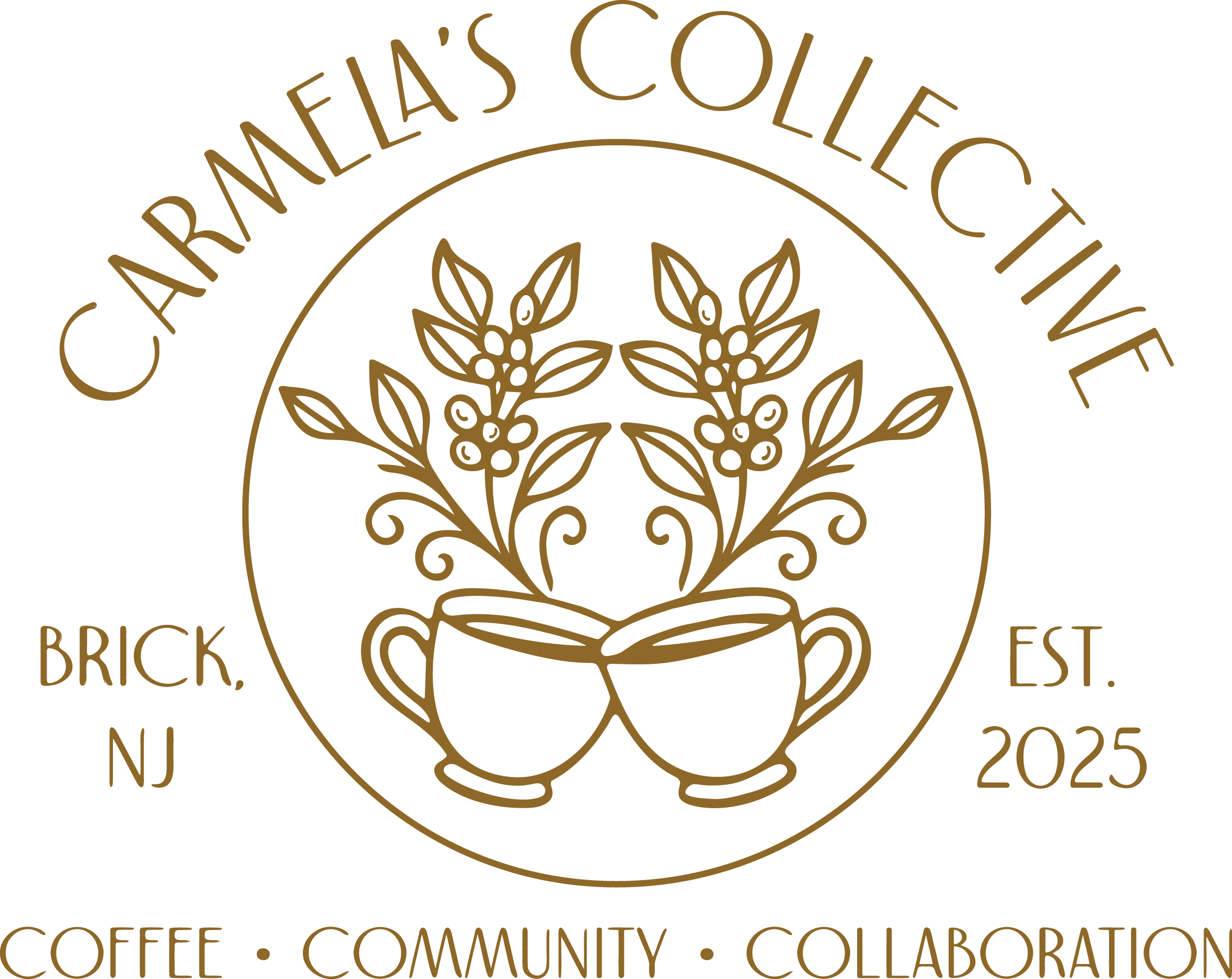 Circular logo with gold outline and text, featuring a coffee cup with steam and a branch with leaves and coffee berries. Text includes 'Charming Teas Collection', 'Brick, Community, Collaboration', and 'est. 2025'.