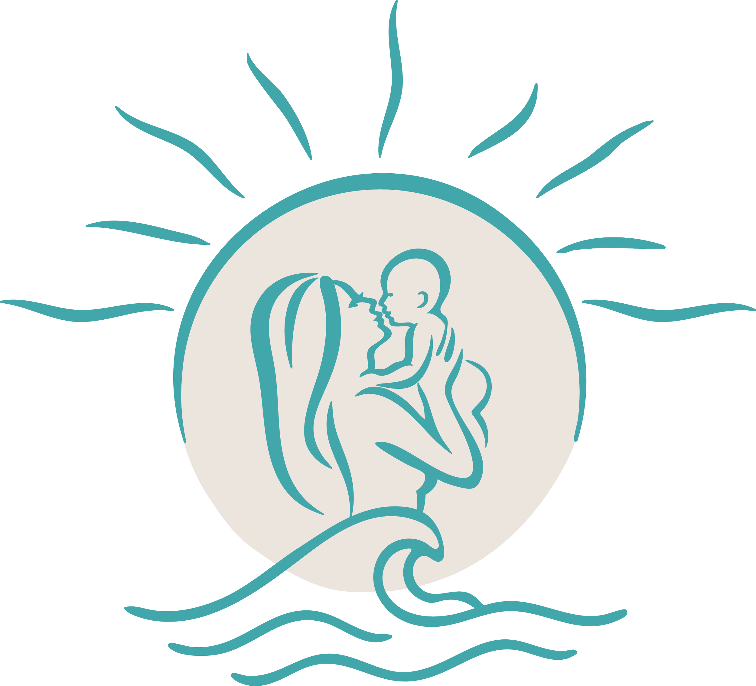 Illustration of a baby next to a mother, with a circular background and decorative leaves and waves.