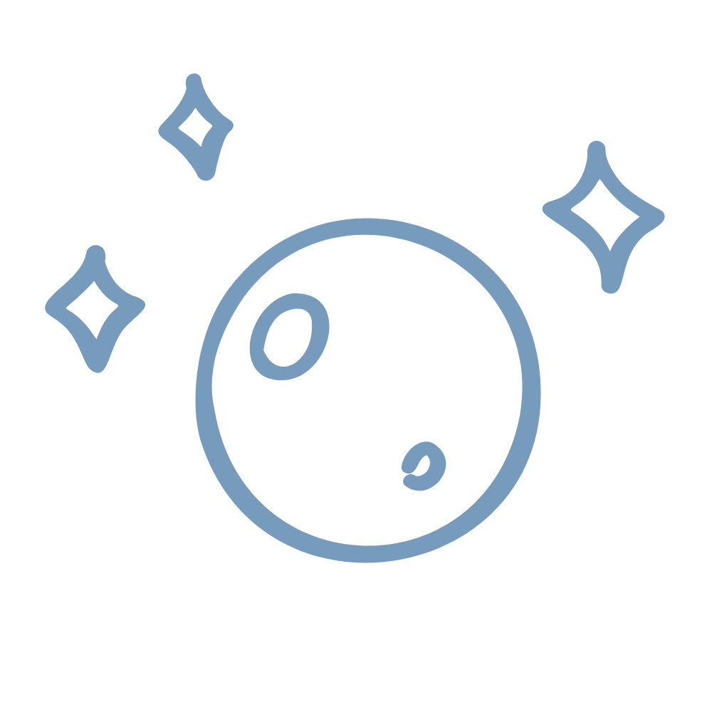 Stylized icon of a planet with three surrounding stars, drawn with blue lines on a black background.