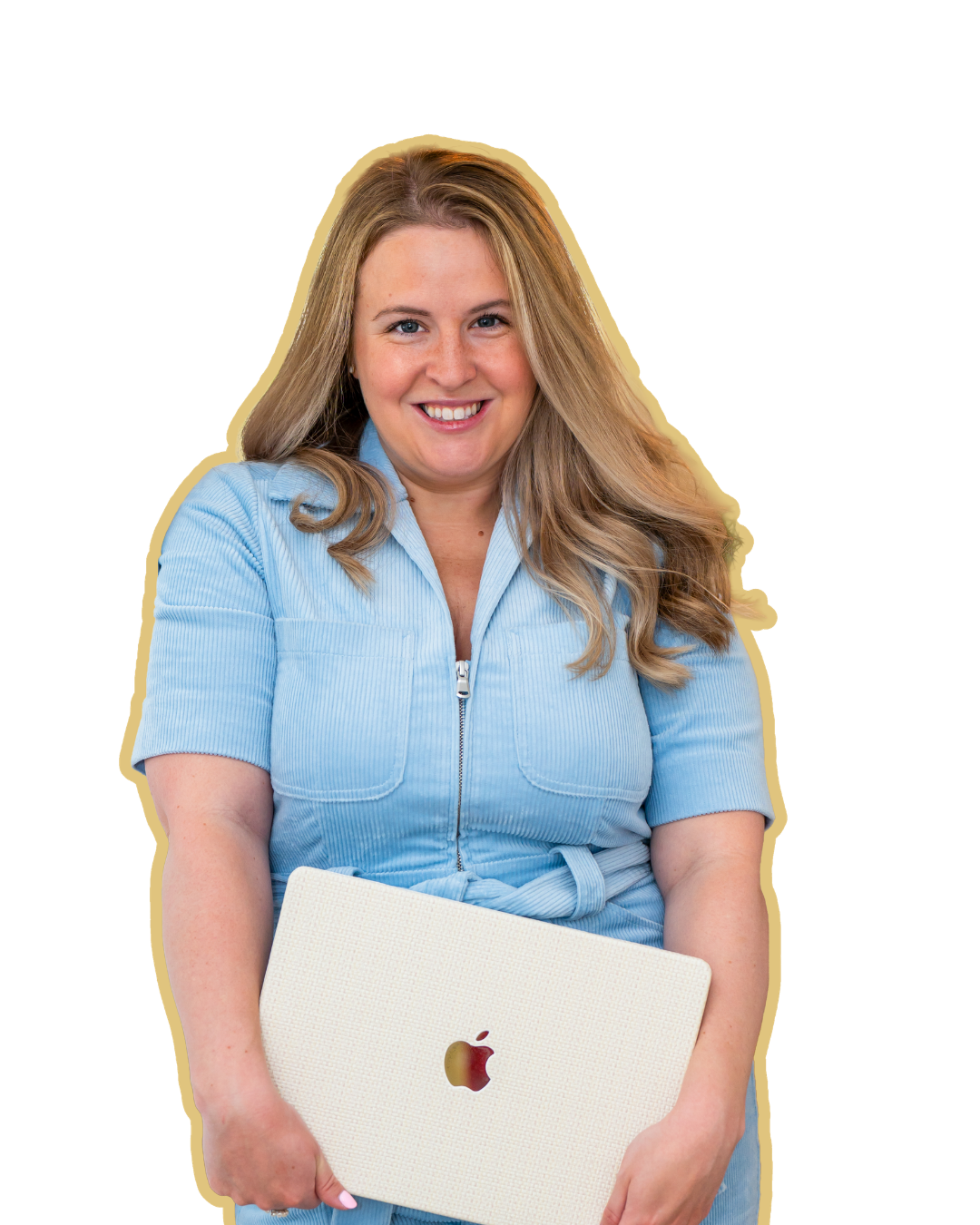 A smiling woman with long blonde hair holding a white MacBook laptop in front of her, wearing a light blue zip-up shirt.