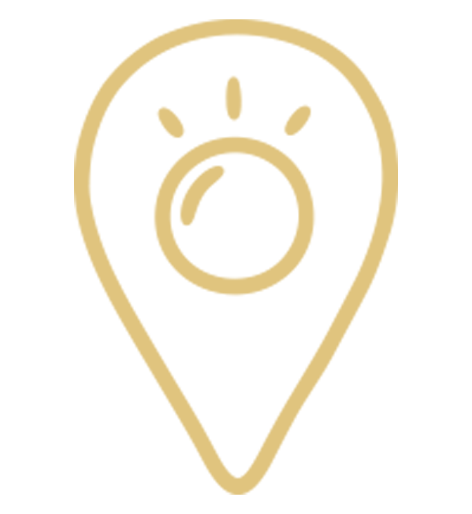 Map location icon with a clock inside, depicted in beige on a black background.