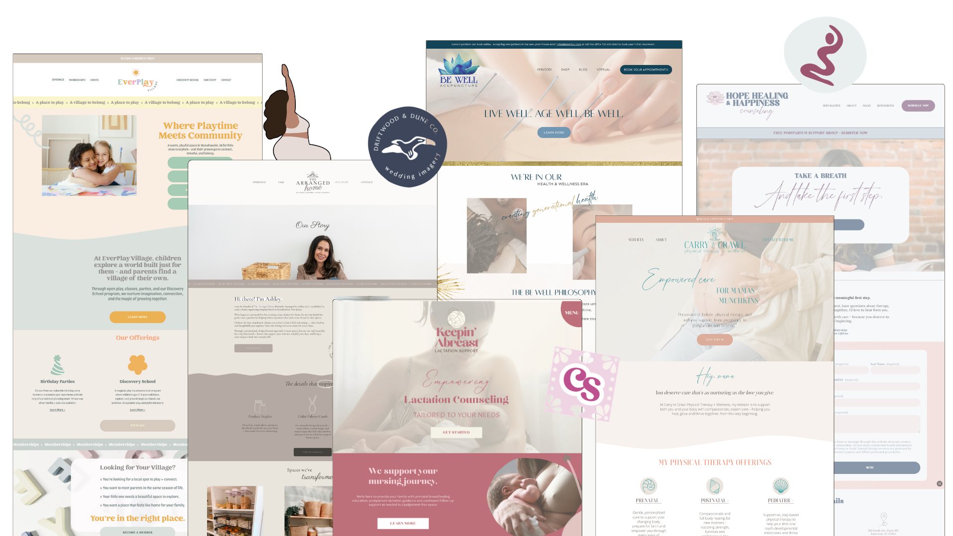 Collage of various wellness, health, and community service website pages, including options for acupuncture, counseling, postpartum support, lactation, therapy, and community programs.