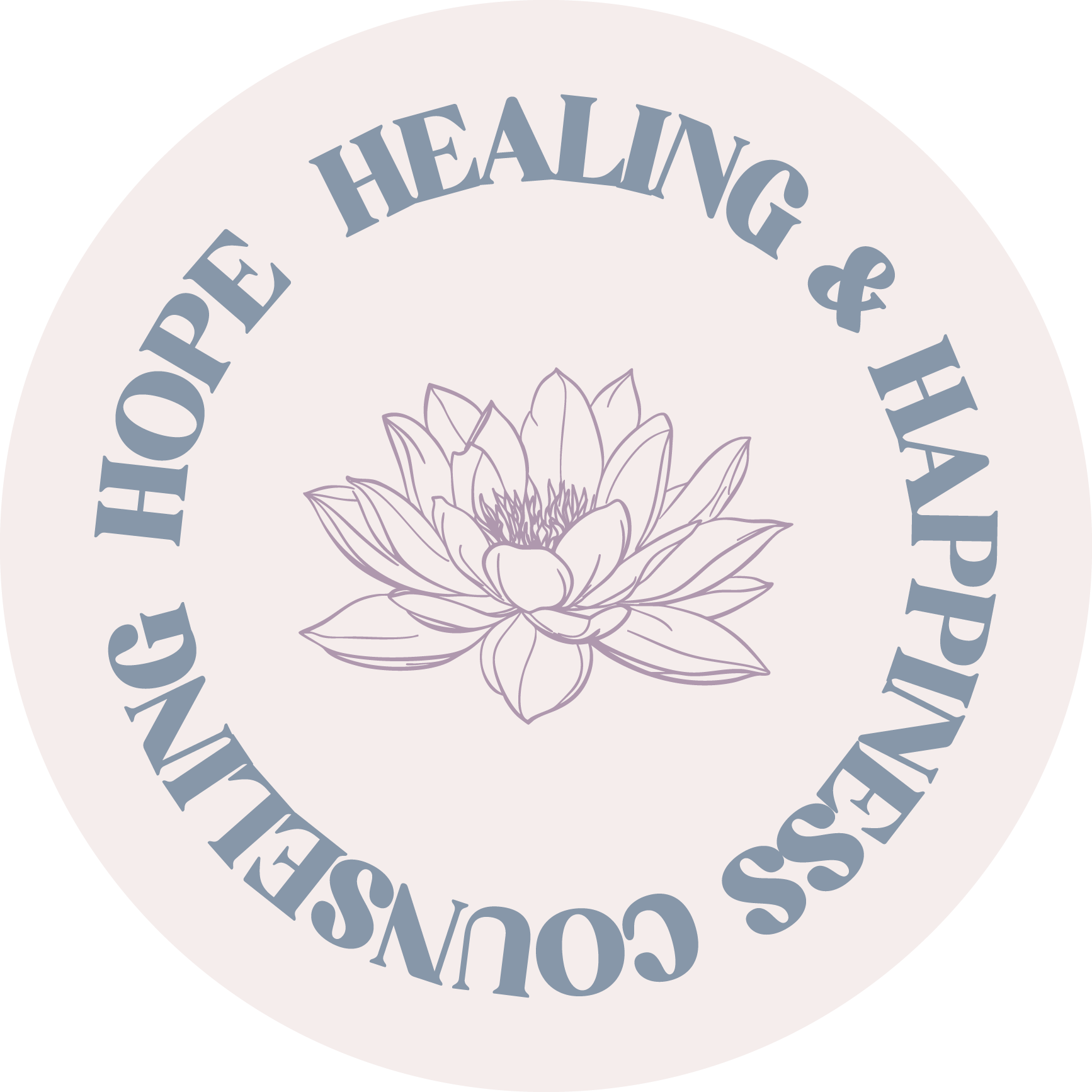 Circular logo with a line drawing of a lotus flower in the center. Surrounding the flower is text that reads 'HEALING & HAPPINESS CONNECTION' in light blue font against a soft background.