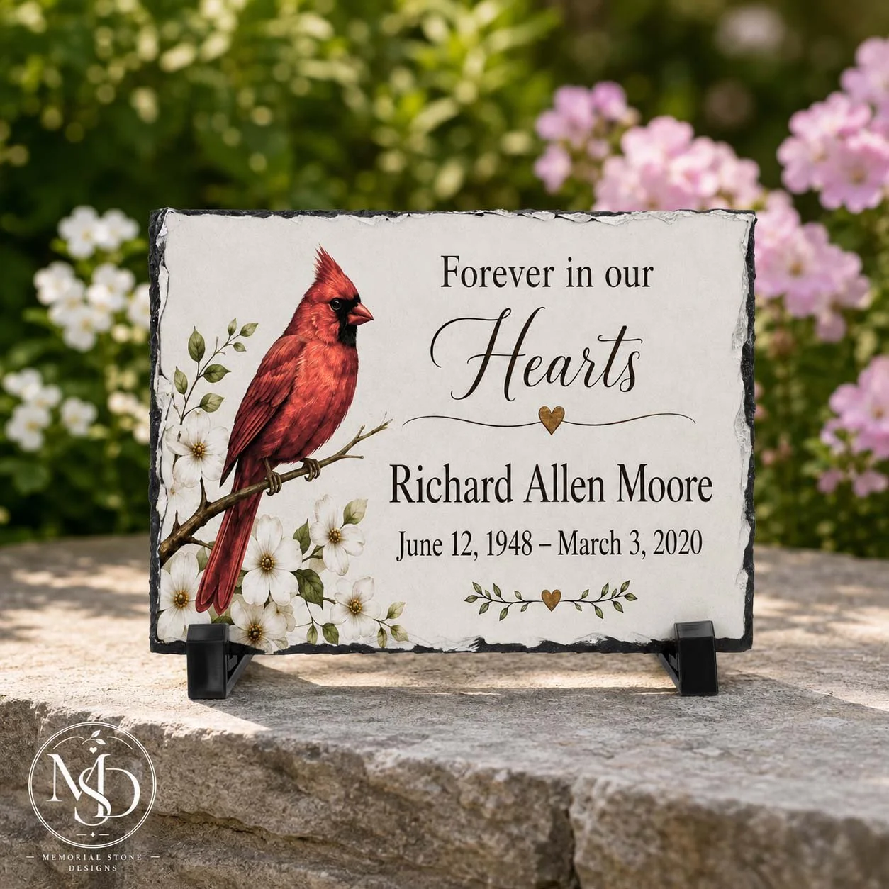 Cardinal slate stone always in our hearts, memorial gift with names and dates.