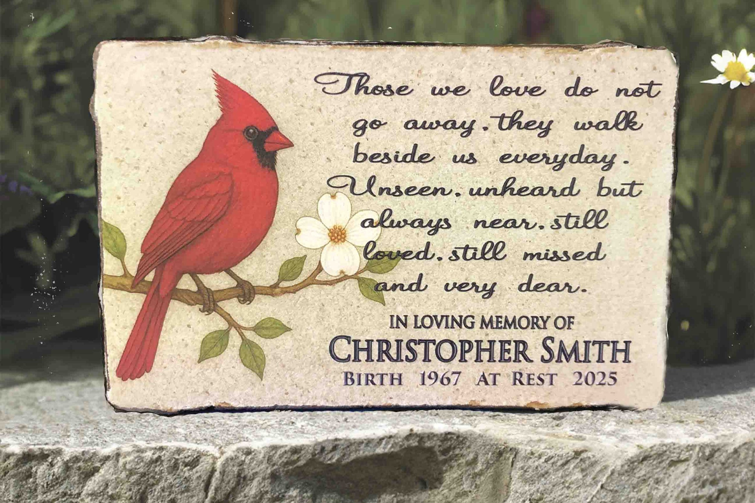 Red cardinal memorial garden stone with custom name and dates – sympathy tribute plaque"