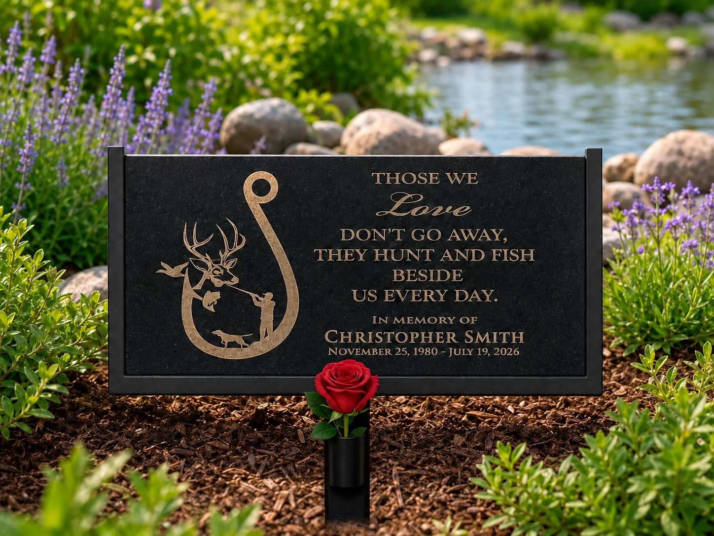 Hunters Black Granite stone, memorial gift with names and dates