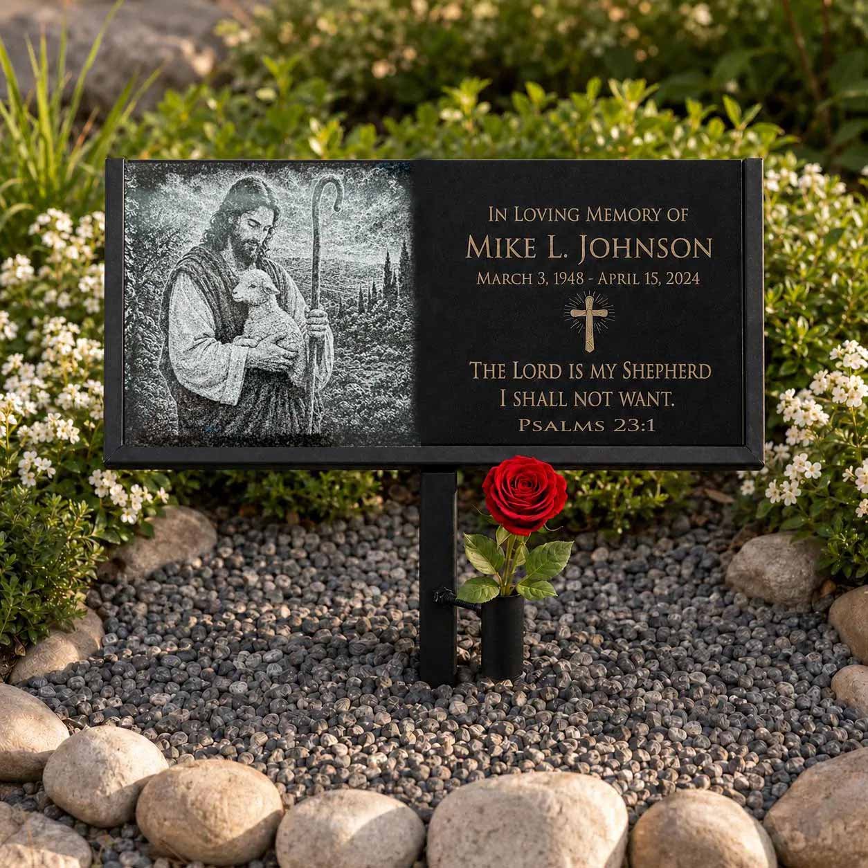 Jesus with lamb Black Granite stone, memorial gift with names and dates.