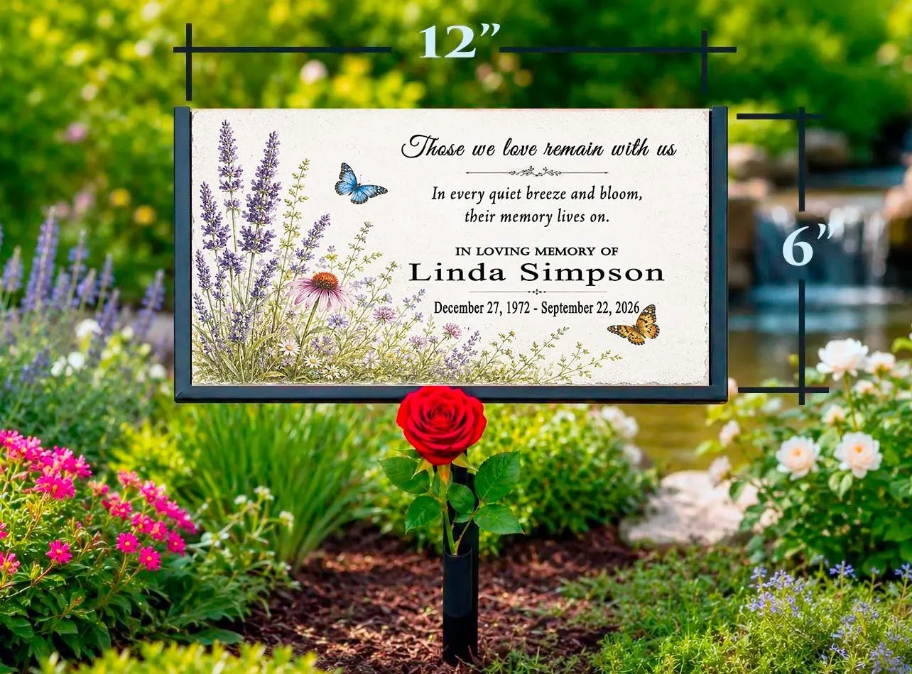 Memorial garden stone personalized with a metal stake for displaying outdoors made from slate stone
