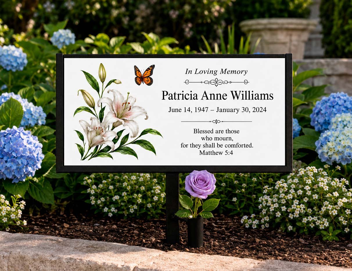 Metal stand with personalized memorial garden stone with daylily design