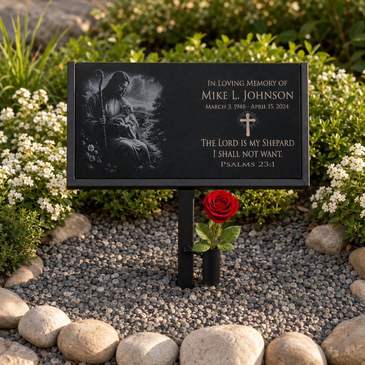 Jesus with lamb Black Granite stone, memorial gift with names and dates.