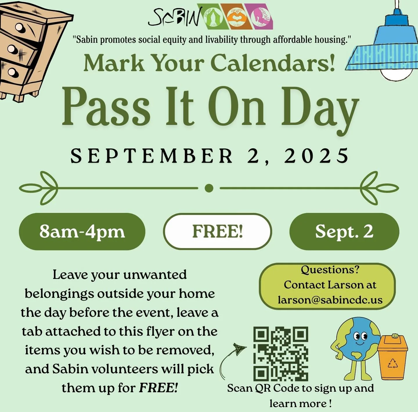 SabinCDC is hosting their Pass it On event on September 2nd, and Vernon neighbors are invited to participate! If you have bulky items, furniture, or household goods to get rid of, volunteers will come pick it up for and dispose, recycle, or donate it