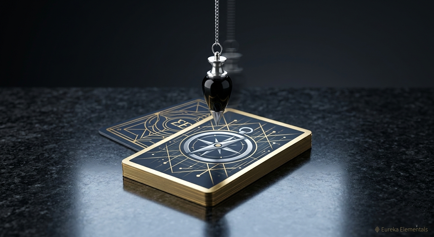 A precise forensic oracle card with a geometric compass design and gold foil edges, resting on a dark stone surface beneath a silver and obsidian pendulum.