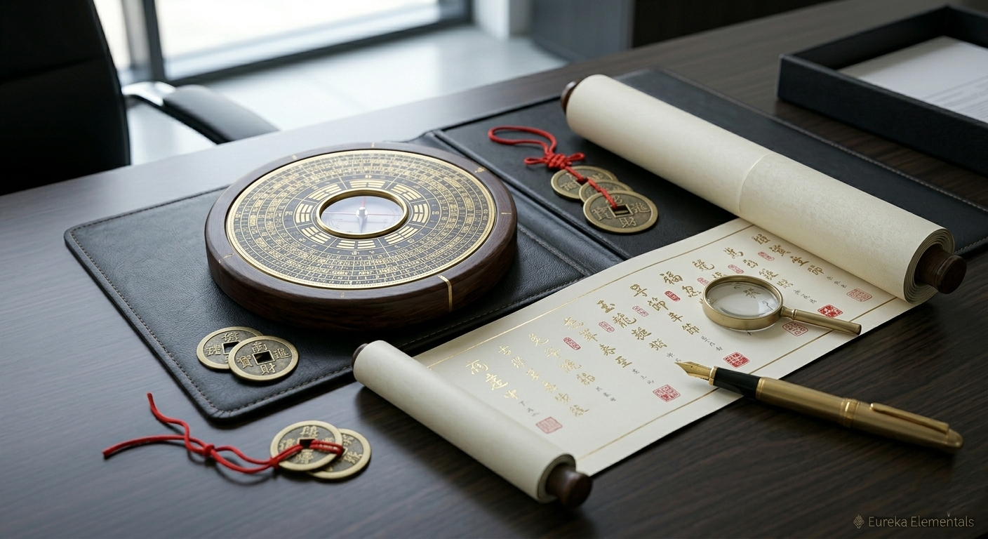 A detailed close-up of a sophisticated wooden Lo Pan compass, ancient I-Ching coins tied with red silk, and a gold-calligraphy calendar scroll resting on an executive leather portfolio.