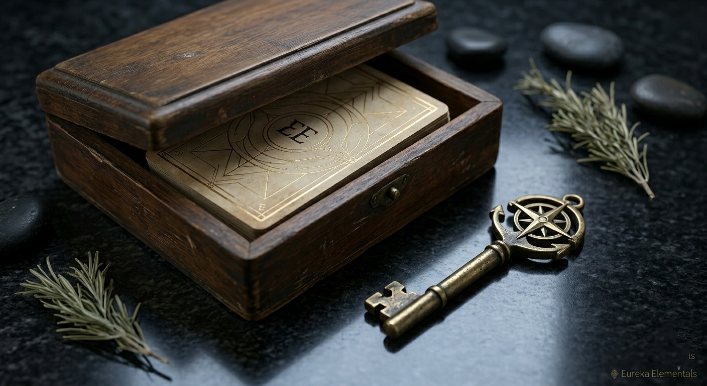 A heavy brass key resting on an antique wooden desk alongside vintage-style oracle cards and a partially unrolled architectural lineage blueprint.